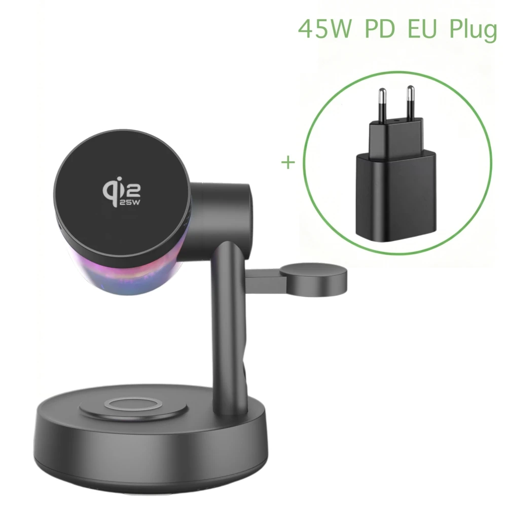 25W Qi2 Magnetic 3 in 1 Wireless Charger Fast Charging Station with LED Bluetooth Speaker for iPhone 17 16 Samsung S26 Watch