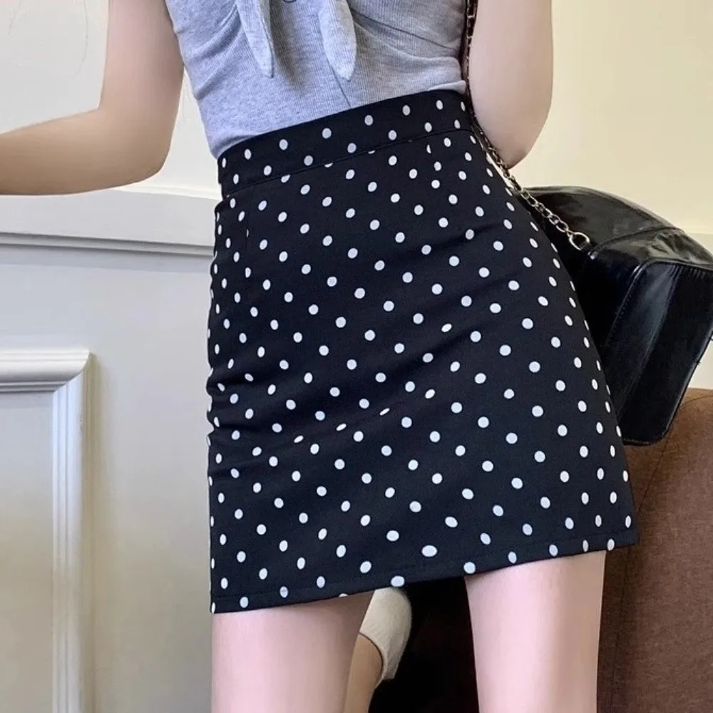 Falda corta Polkatdot de cintura alta, colocación superior, medio deslizamiento de puntos negros/albaricoque, estilo coreano Ins, vestido ajustado de corte a con lunares para mujer