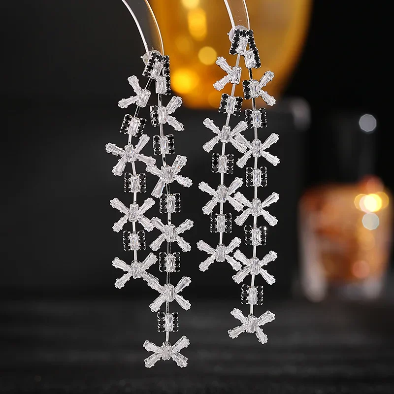 FXLRY High Quality Micro Pave Cubic Zircons 925 Silver Needle Exaggerated Flower Long Earrings For Women Wedding Jewelry