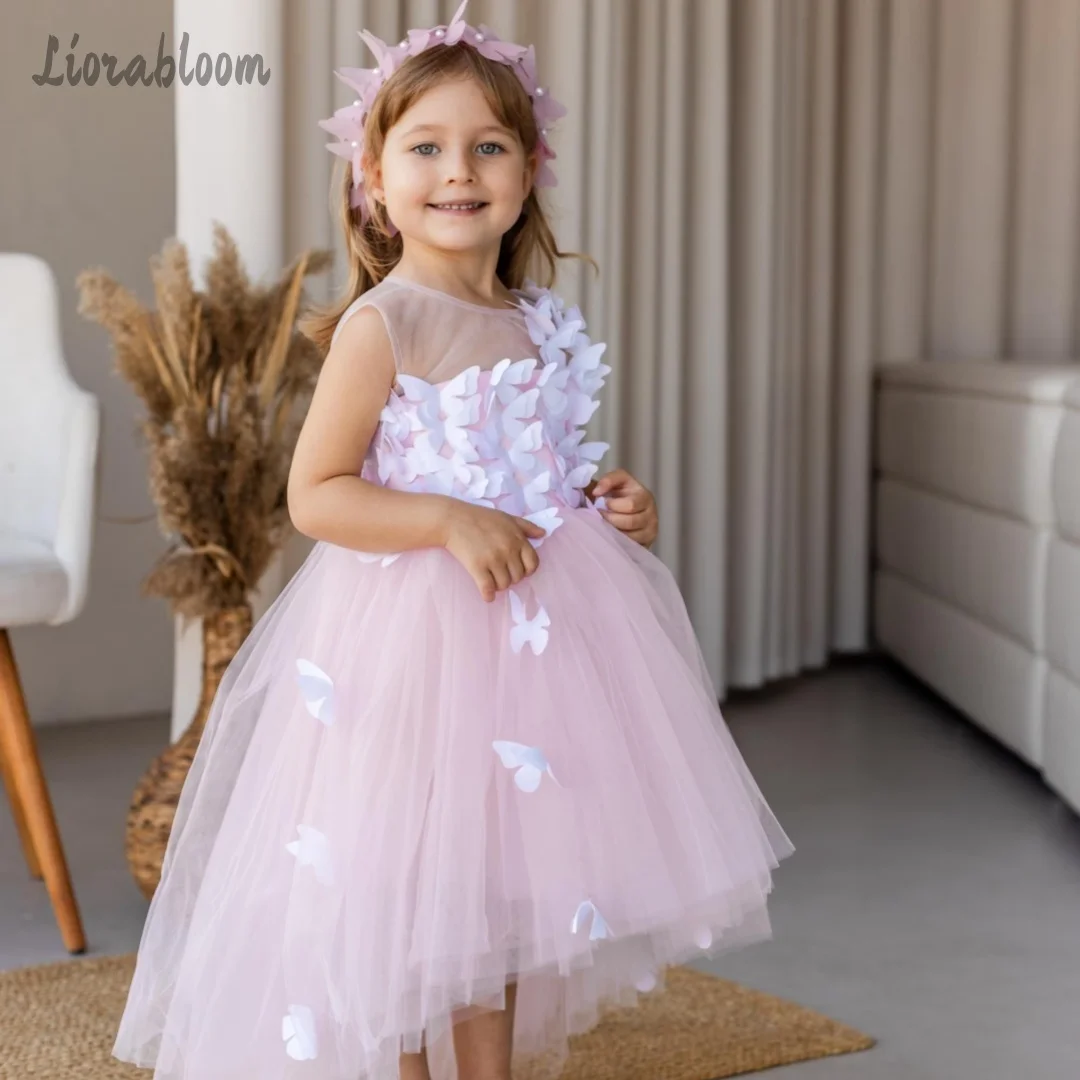 

Customized Flower Girl Dress Formal Evening Gown Pink Butterfly Princess Tulle Dress Wedding Party Attire свадебное платье