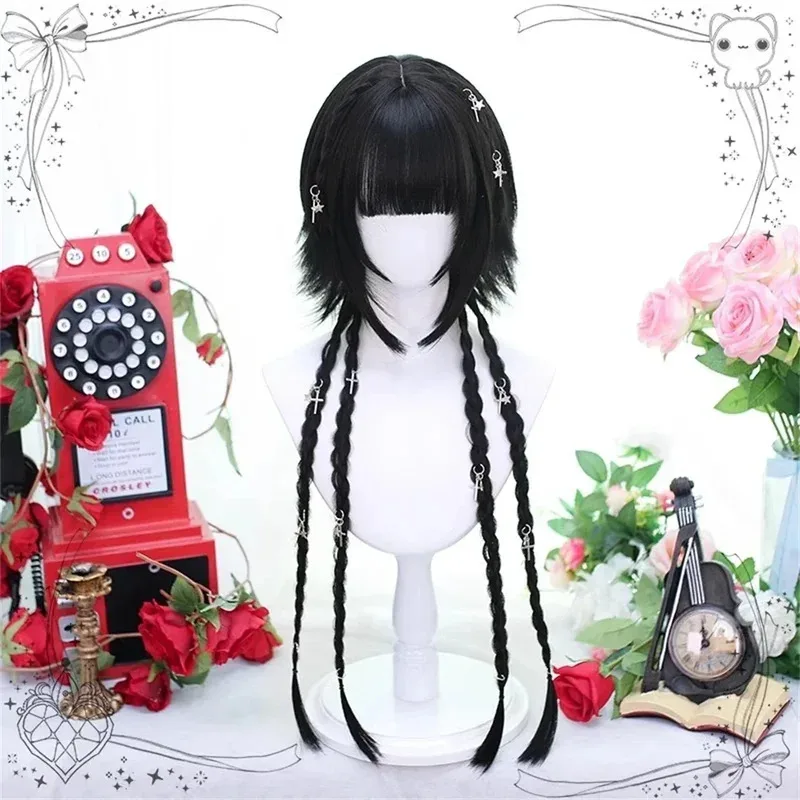 Peluca de Cosplay trenzada con cola de caballo de Lolita, peluca con trenzas largas sintéticas, peluca de fibra resistente al calor con flequillo Romo para chica bonita