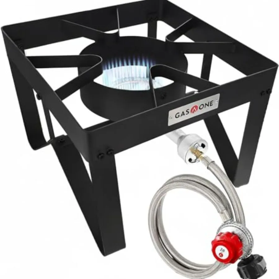 

GasOne B-5200KA Outdoor Cooker with High Pressure Steel Braided Hose Propane Burner Camp Stove Stainless Steel Black Durable Hi