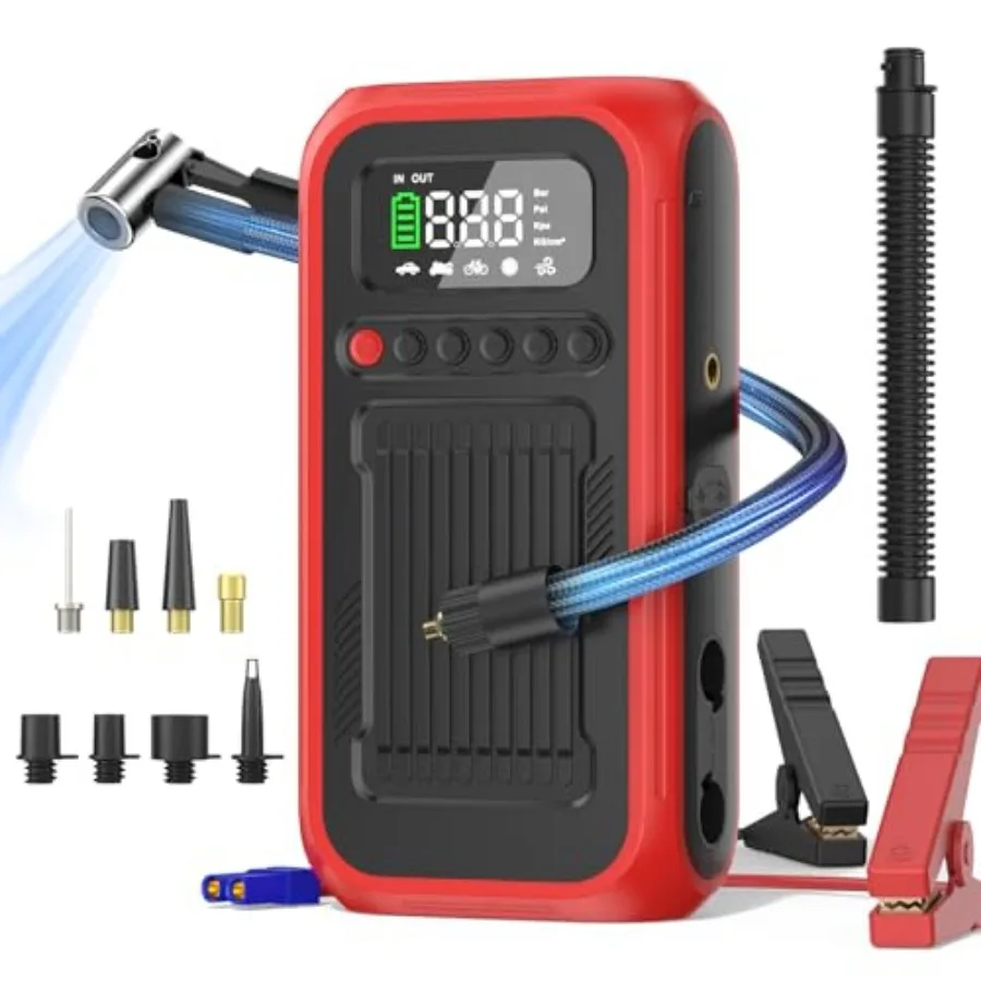 

Tire Inflator Portable Air Compressor 12V Car Jump Starter 150PSI and 28000mAh Air Pump with Air Blower Digital Pressure Gauge