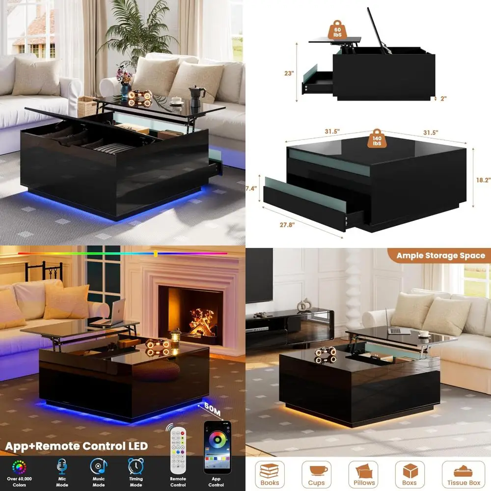 

Modern Storage Coffee Table with LED and Lift Top, Black Square Design for Living Room