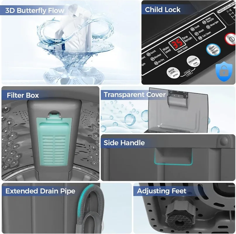 Lavadora portátil completamente automática con capacidad de 13,5 libras, con bomba de drenaje, pantalla LED, 10 programas y 8 niveles de agua