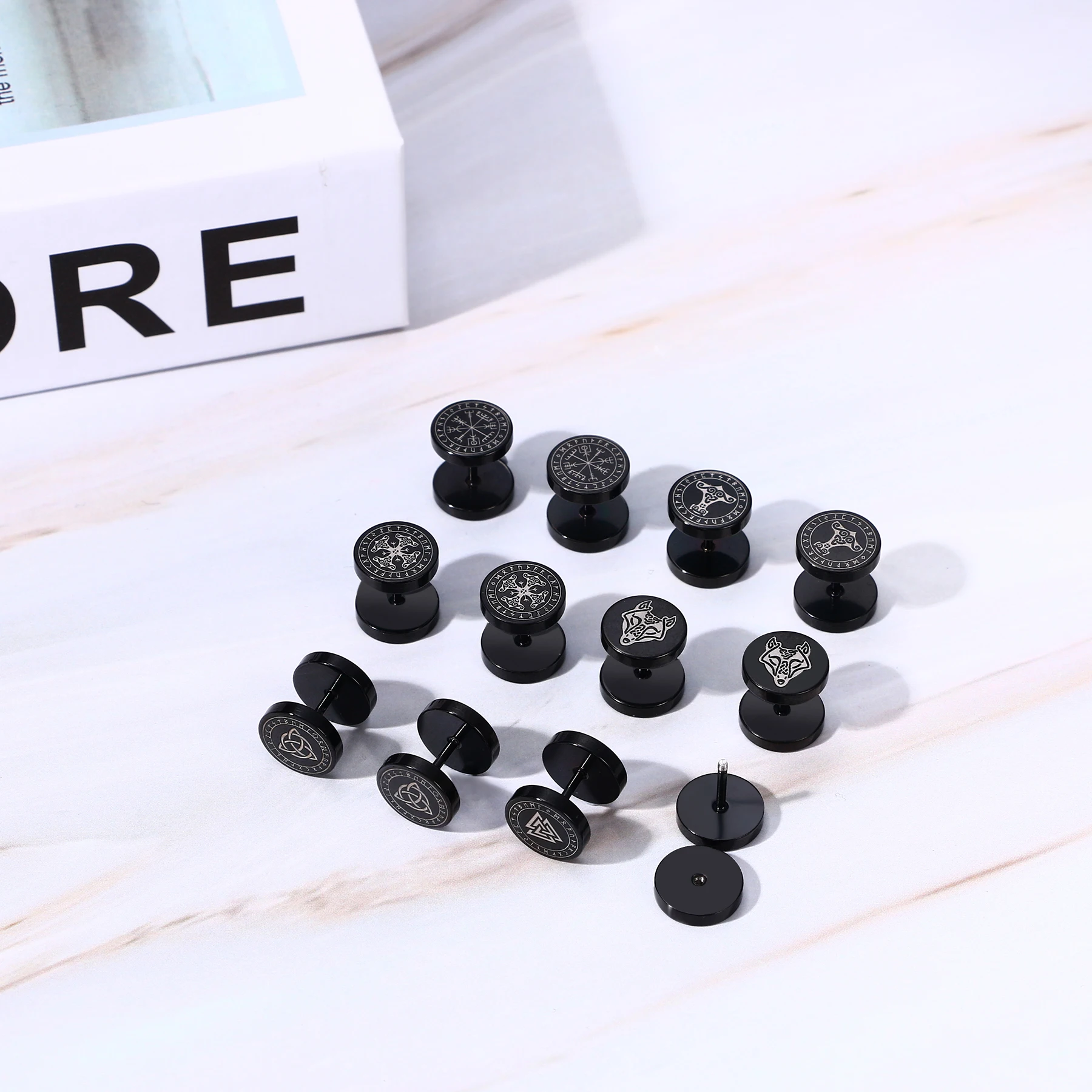 2pcs 10mm Viking Runes Barbell Stud Earrings For Men Women 316L Stainless Steel Cartilage Tragus Helix Earring Piercing Jewelry