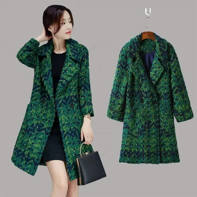 Fashion Green Plaid Woolen Coat Women\'s 2024 New Spring Autumn Winter Jacket Mid-Length Slim Thickened Woolen Blend Outerwear