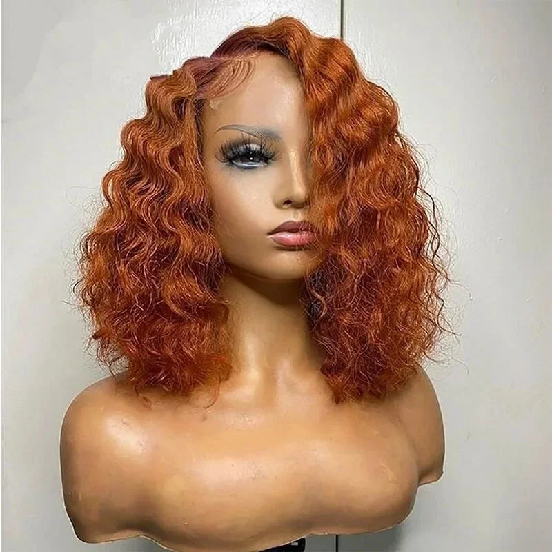 

Natural 180Density Orange Kinky Curly Short Bob Lace Front Wig For black Women BabyHair Heat Resistant Glueless Preplucked Daily