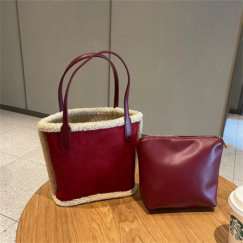 Women's Imitation Deerskin Shoulder Bag Lambswool Handbag with Individual Zippered Inside Pockets Suede Frosted Bucket Tote Bags