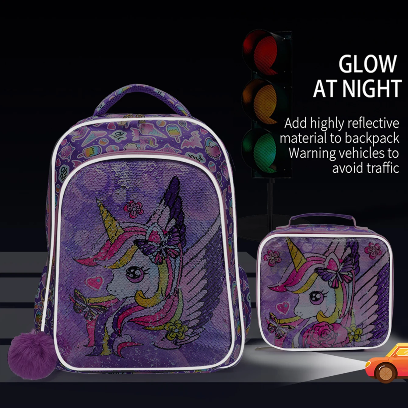 3点セット 女の子用リュックサック キッズスクールバッグ ランチバッグとペンケース付き パープルユニコーン キュートなスパンコール 暗闇で光る機能付き