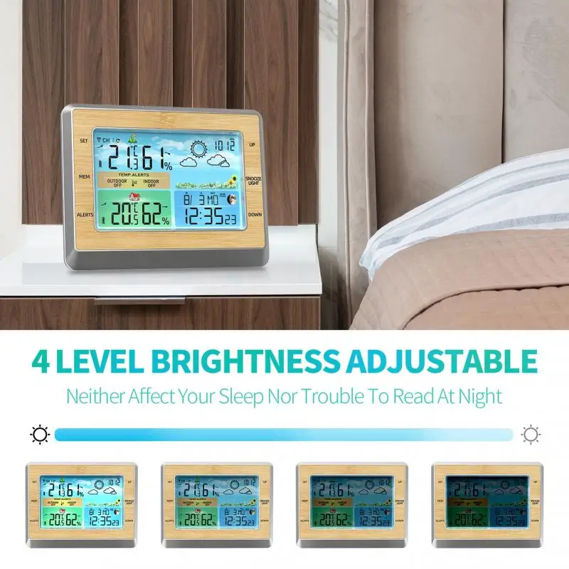 6 Polegada tela colorida rf sem fio termômetro tempo estação meteorológica com transmissor higrômetro digital novo despertador snooze