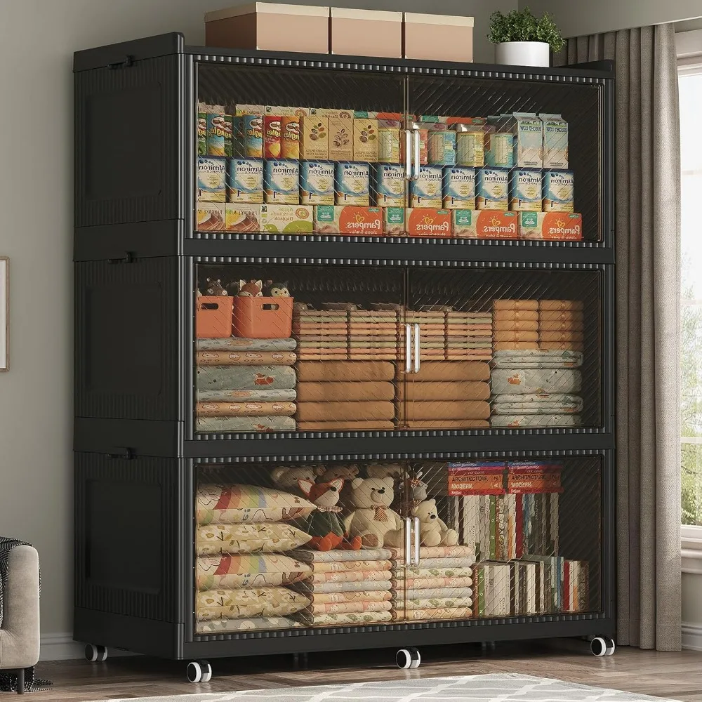 صناديق تخزين كبيرة جدًا بسعة 240 جالون مع أغطية، ومنظمات قابلة للطي سعة 960 لتر على عجلات، وخزائن خزانة قابلة للطي وقابلة للتكديس