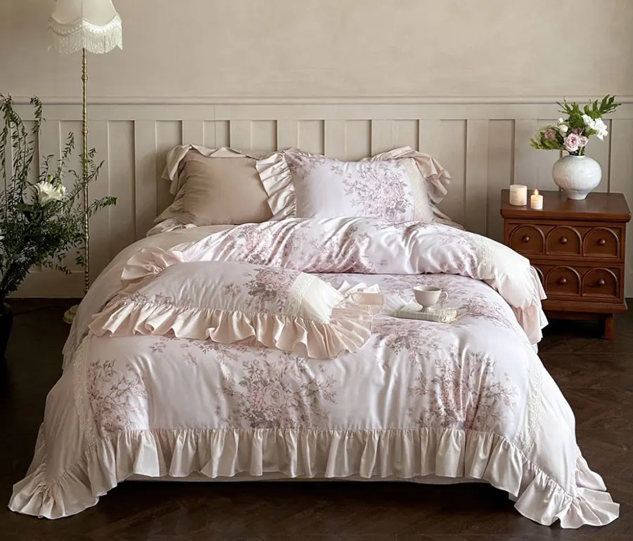 Romantic sweet pink flower bedding set,full queen king pastoral fairyfair ruffled home textile bed sheet pillow case quilt cover