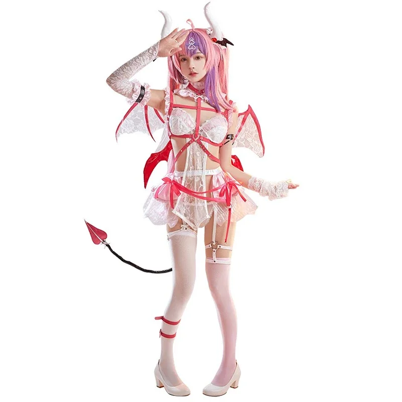 VLuminjo Ironmouse Cosplay Costumes pour femmes, Anime Vtuber, Costume de batterie de petit démon sexy avec cornes, Queue d'aile, Vêtements d'Halloween et de carnaval