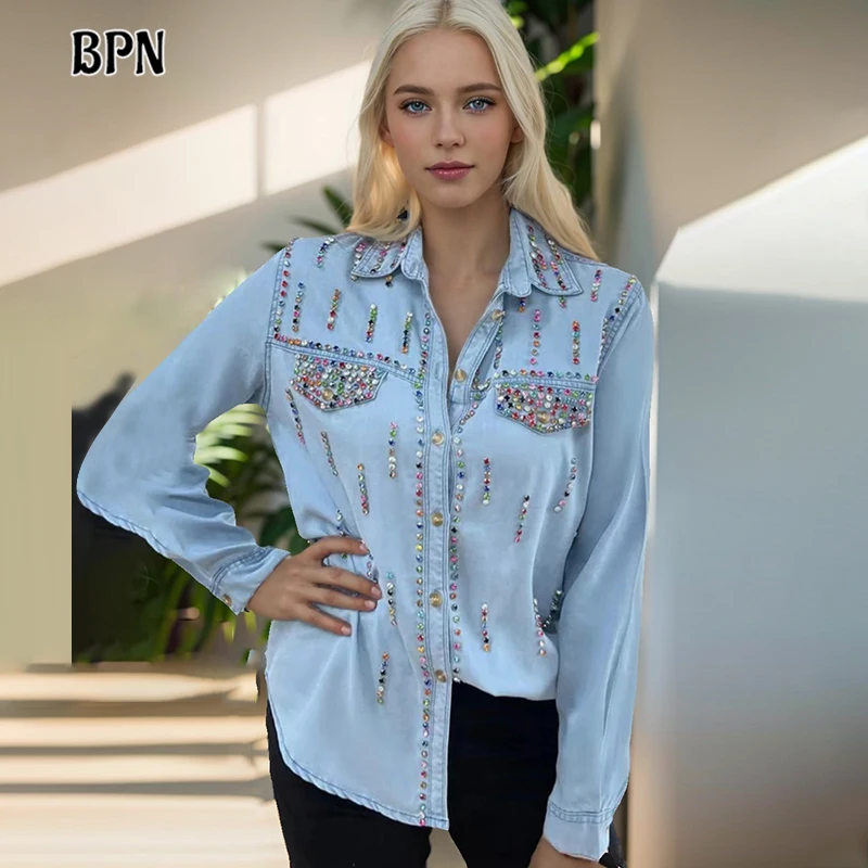 

BPN Minimalist Spliced Sequins Denim Shirts For Women Lapel Long Sleeve Patchwork Pockets Loose Straight Vintage Shirt Female