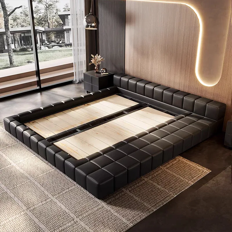 Italian minimalist tatami leather bed 2 meters x 2 meters 2 large beds floor-to-ceiling short bed light luxury high-end atmosphe