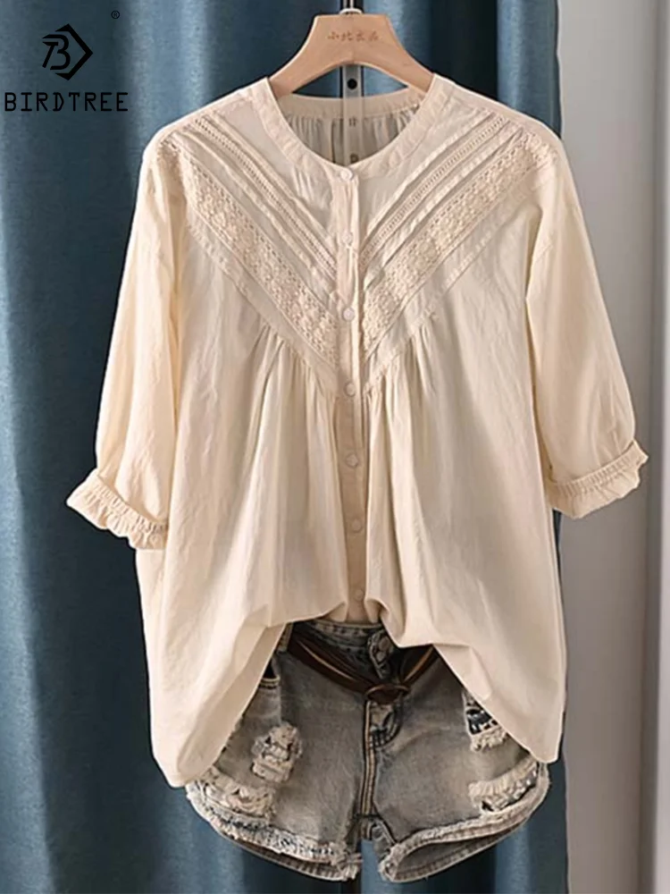 New Summer Cotton Half Sleeve Shirt Stand Collar Embroidery Lace Top Mori Girl Casual Sweet Loose Blouse 2024 Autumn T46843QM