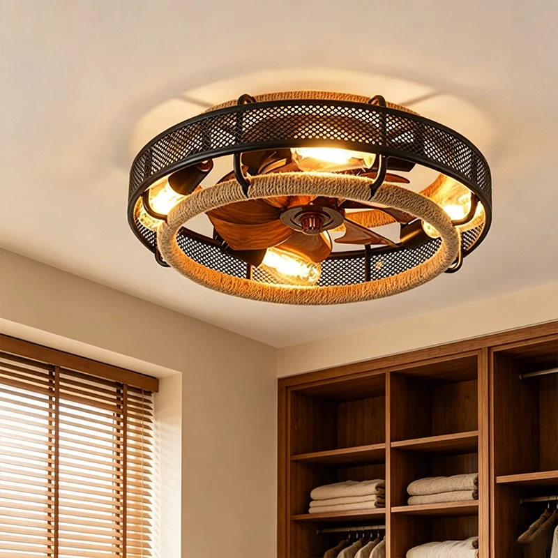 Hemp Rope Made Of Iron Ceiling Fan 50CM E27 ABS Fan Blade Electric Fan Bedroom Lamps Ndoor Lighting Household Ceiling Fan Light
