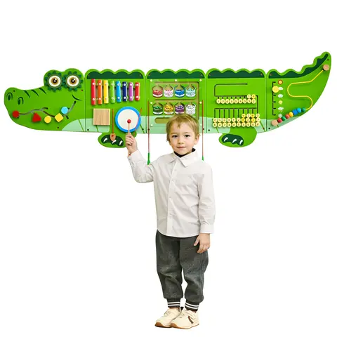 SucceBuy 9-Activities Crocodile Kids Busy Hanging Board Toy Montessori Early Learning Puzzle Decor Panels Toys for Children Gift