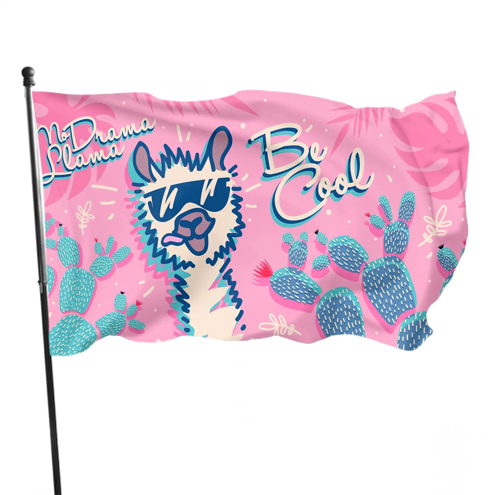 No Drama Llama Flag Cool Cartoon Alpaca Stick Out Tongue In Sunglasses Around Cactus Flags Decor Yard House Flag Indoor Outdoor