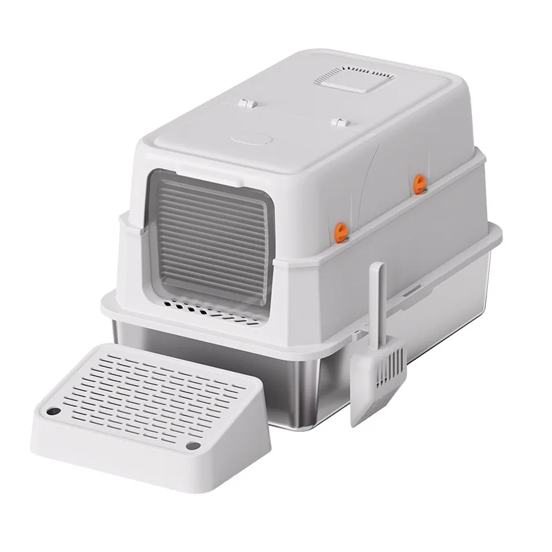 Caja de arena cerrada para gatos XL de acero inoxidable, sin olores - imagen 2