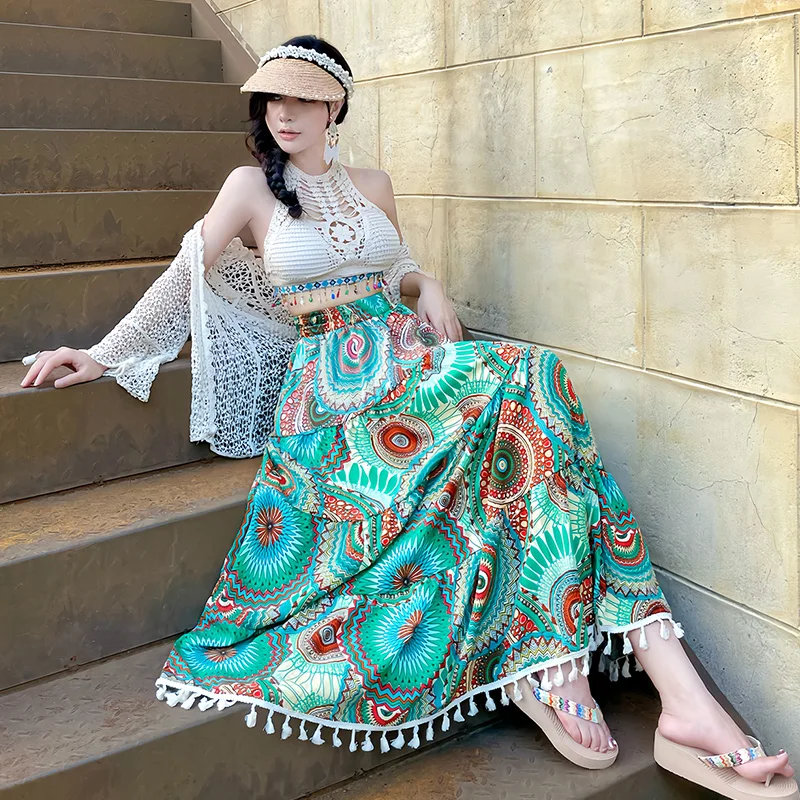 

Bohemian Totem Print Halter Neck Hollow out Long Skirt Vintage Tassel Beach Holiday Dress Polyester Fiber High Waist