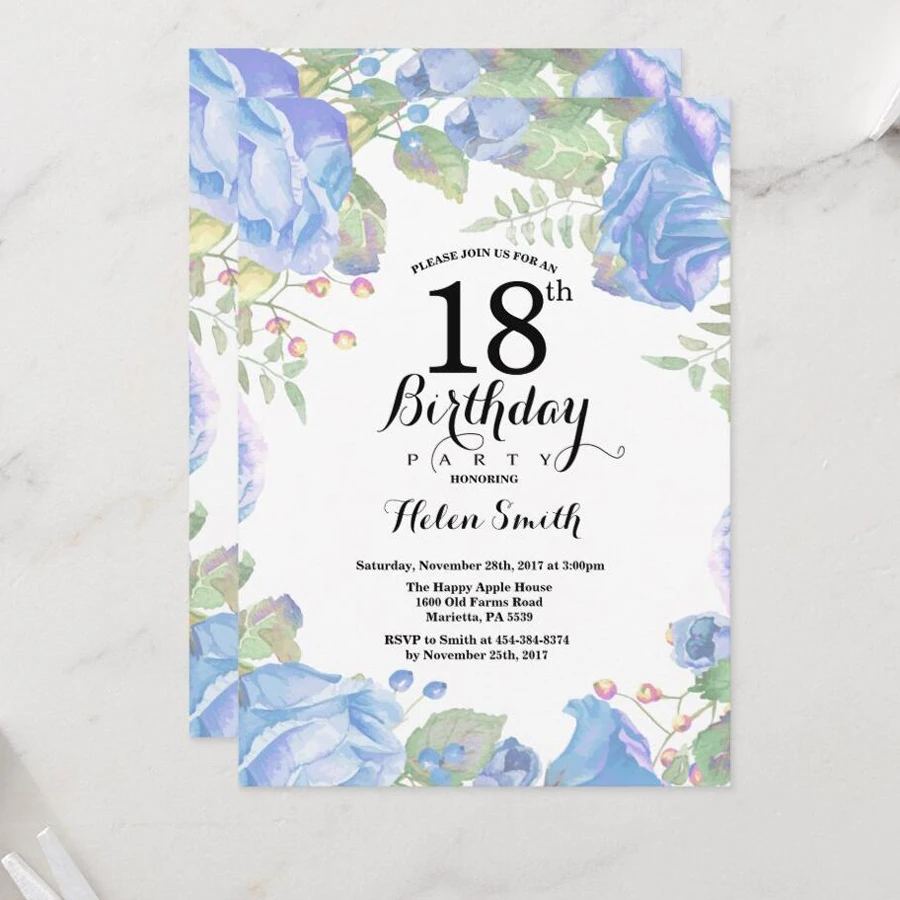 5/20/100pcs 18th birthday invitations, Watercolor Blue Floral birthday invitations 18, Sunflower Birthday Invitation