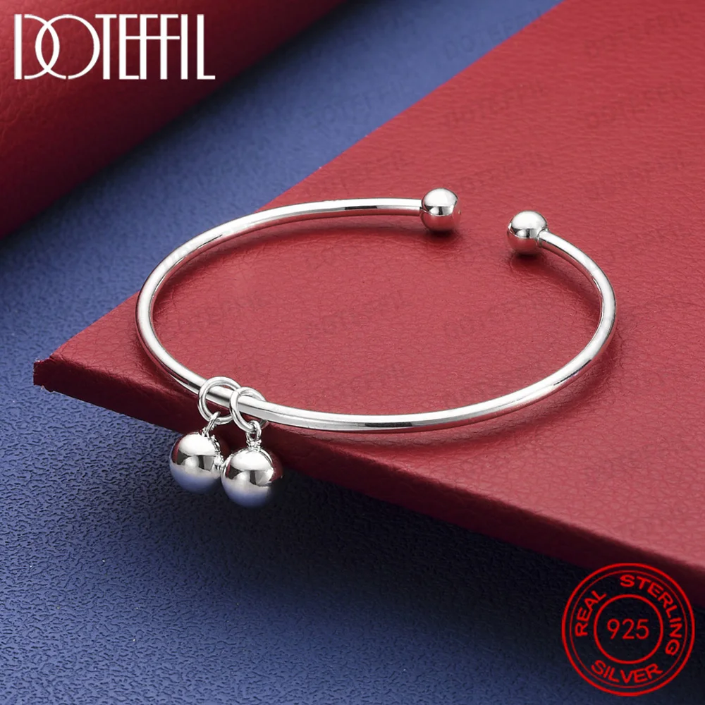 

925 Sterling Silver Double Bead Bell Bangle for Men Women Fashion Party Jewelry Accessories