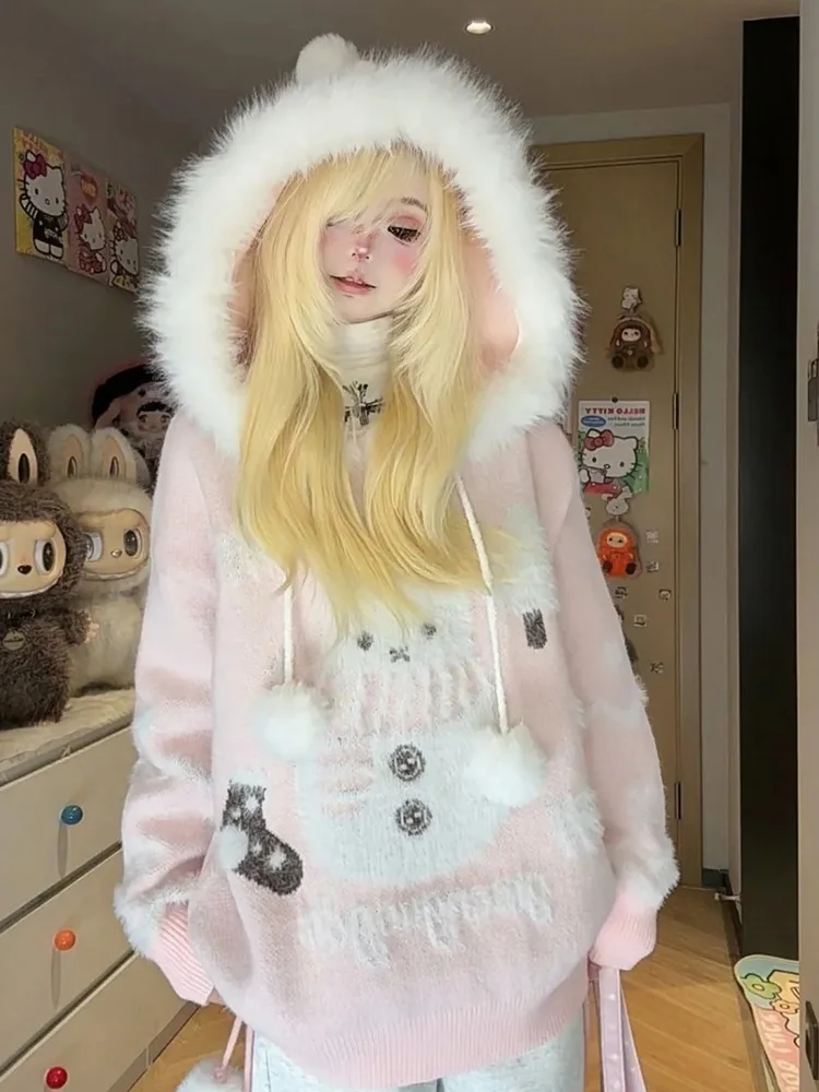 

Cute Snowman Sweet Sweater Women Lazy Wind Loose Kawaii Knitted Jumper Japan Retro Long Sleeve Fall Winter Preppy Style Pullover