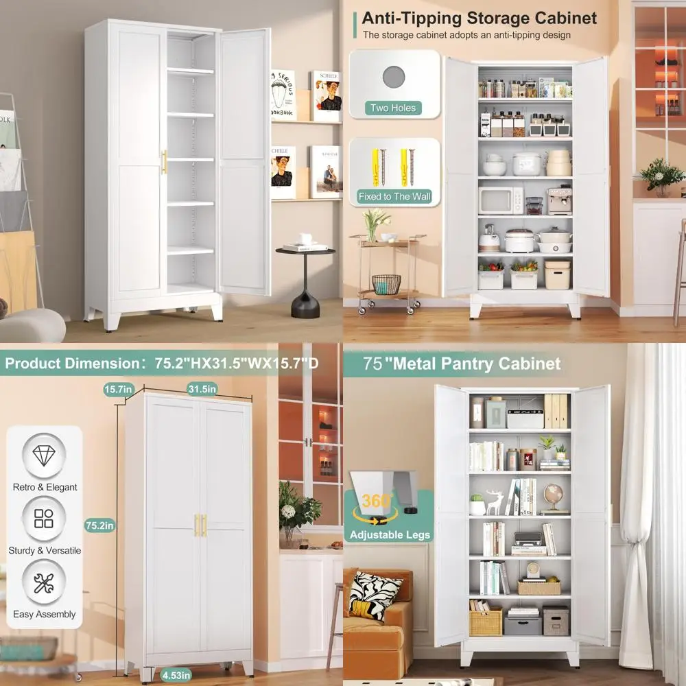 خزانة مطبخ معدنية ببابين مع 5 أرفف قابلة للتعديل ومقابض ذهبية للتخزين متعدد الاستخدامات #1