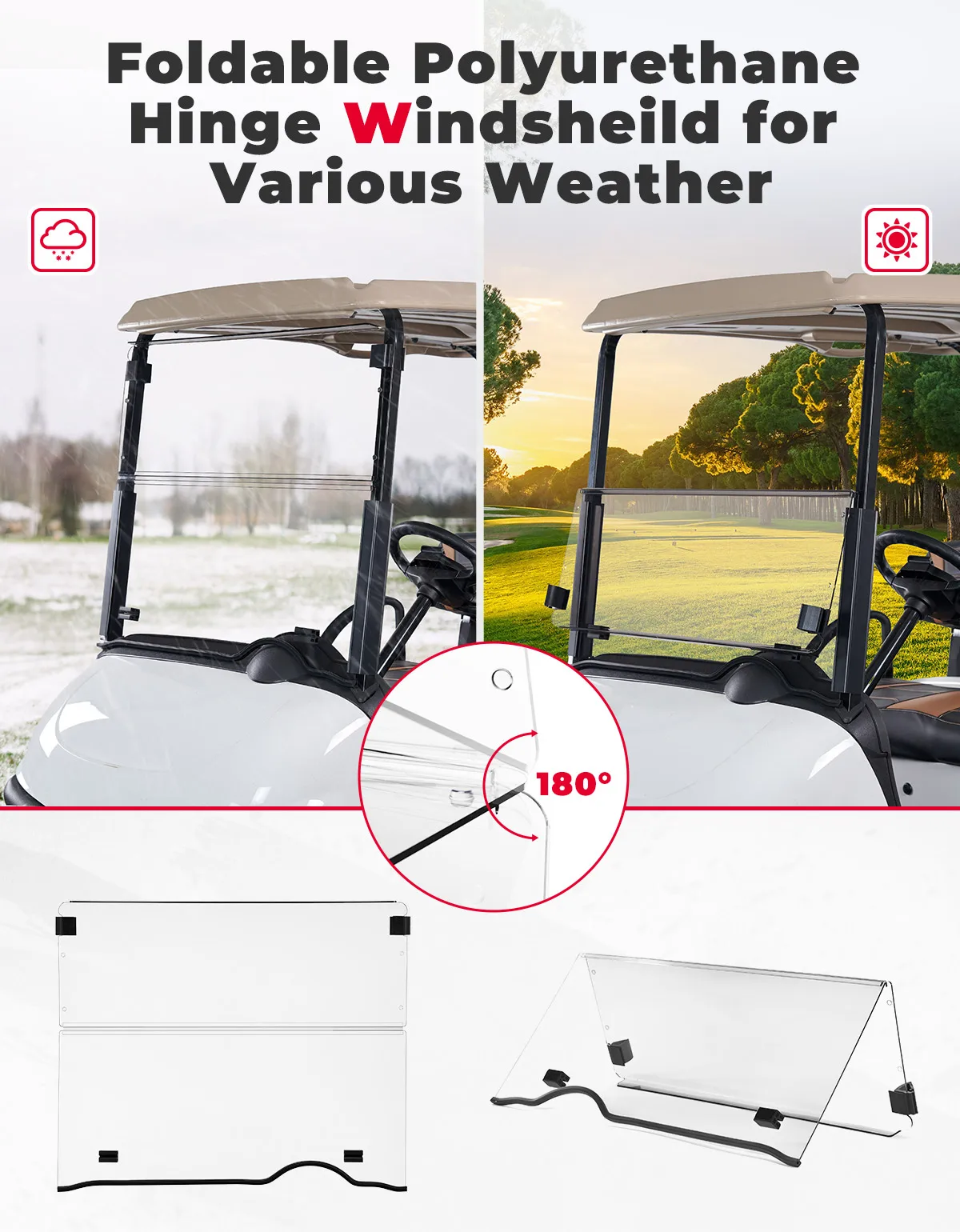 Golf Cart Clear Windshield Foldable Windscreen with Anti-UV and Impact Resistant Acrylic Compatible with EZGO RXV 2008-Up