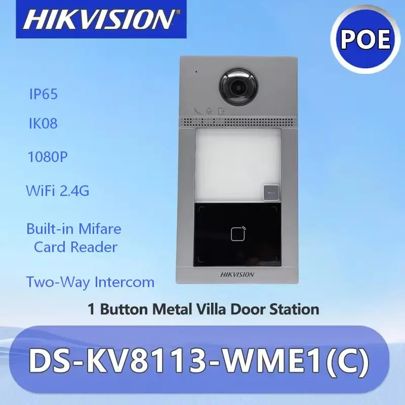 Videoportero Hikvision DS-KV8113-WME1(C) POE de 2MP con estación de puerta metálica, audio bidireccional, IP65, timbre de seguridad inteligente para villas y hogares.