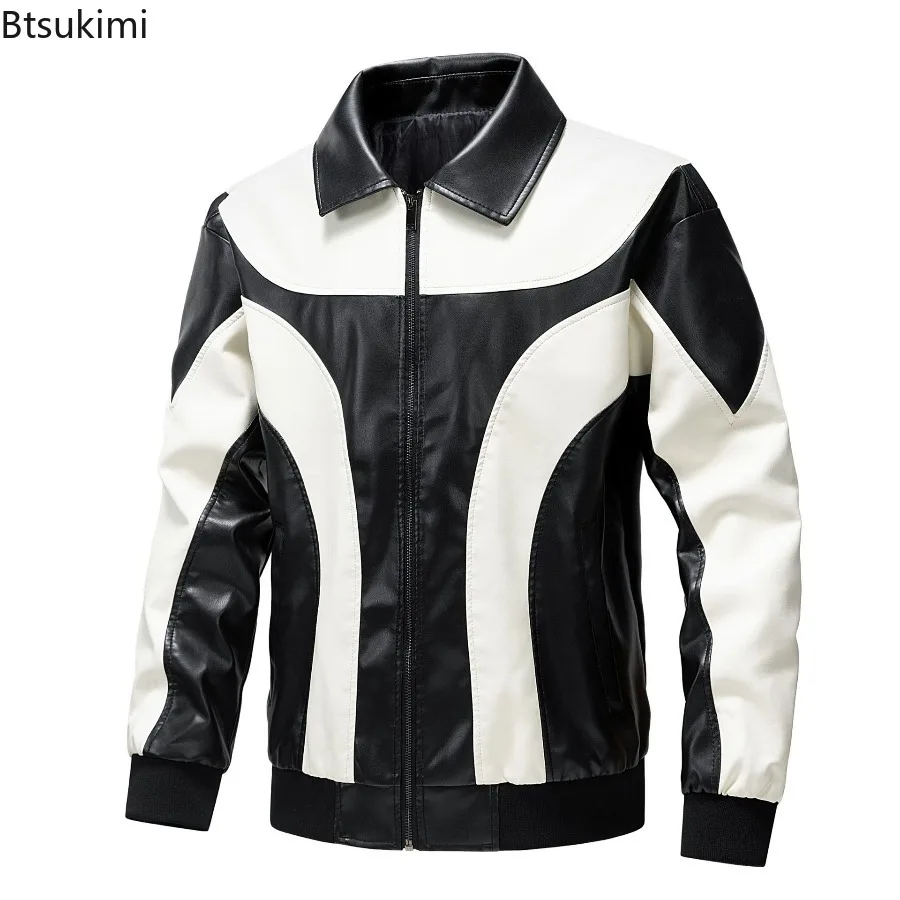Fashion New Men's Motorcycle Biker Jackets Autumn Winter Casual Contrast Color Zipper Cardigans Male Streetwear PU Leather Coats