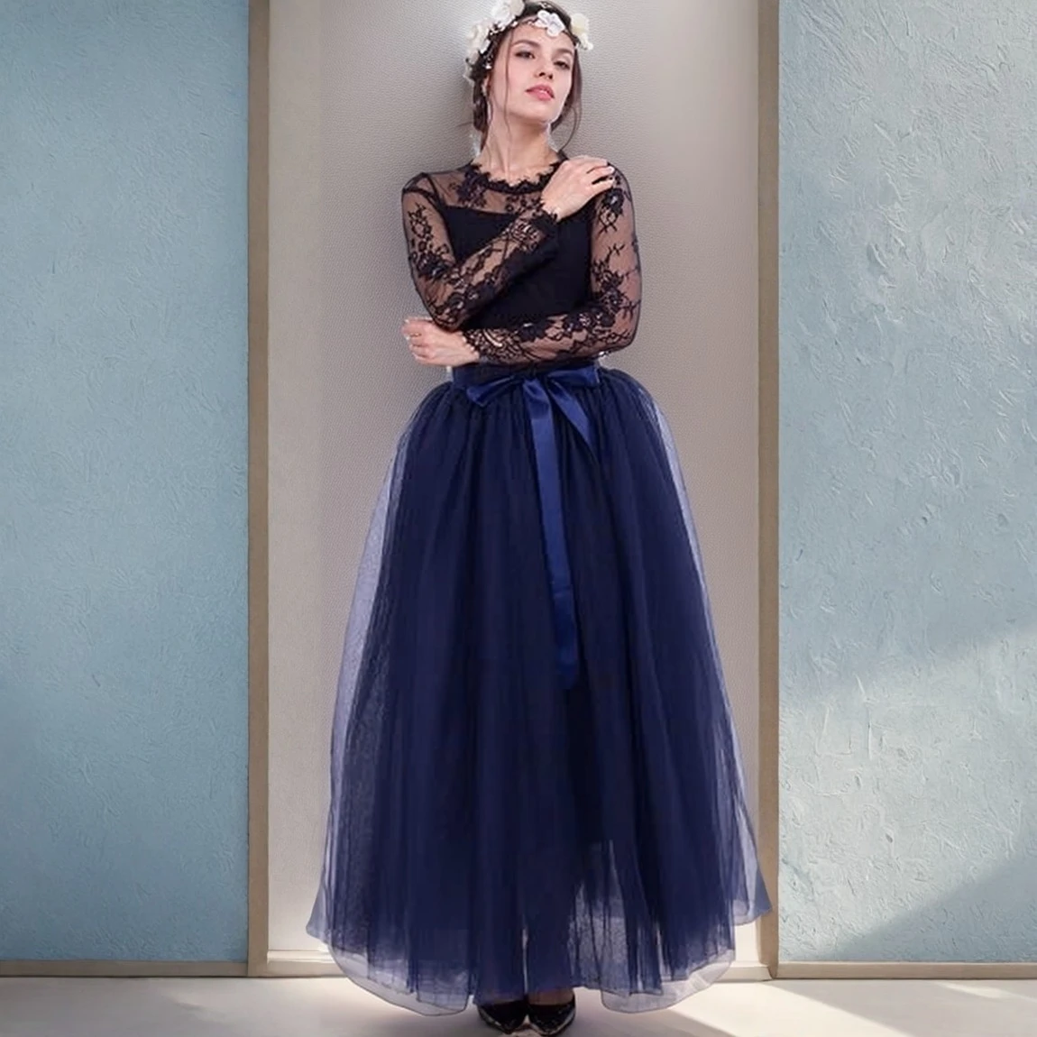 MisShow Rok Tutu Maxi Rok Peri Pinggang Elastis Tulle 7 Lapis Halus dengan Ikat Pinggang Pita A-Line 100Cm Rok Tari Rok