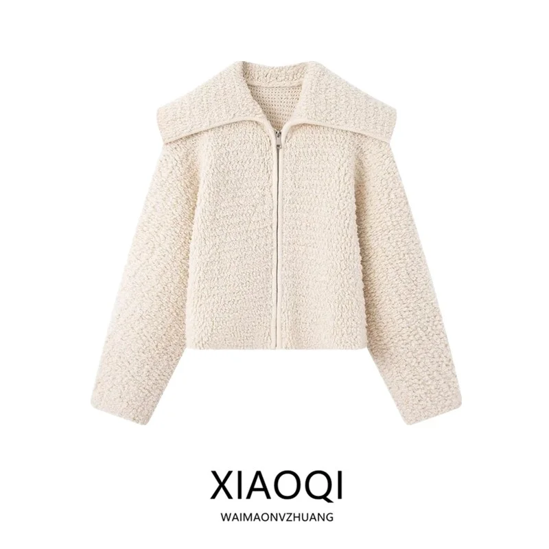 

Весна 2026: Женская универсальная свободная вязаная куртка из искусственной кожи с жемчугом, с большим воротником, на молнии, с длинными рукавами, для любого образа