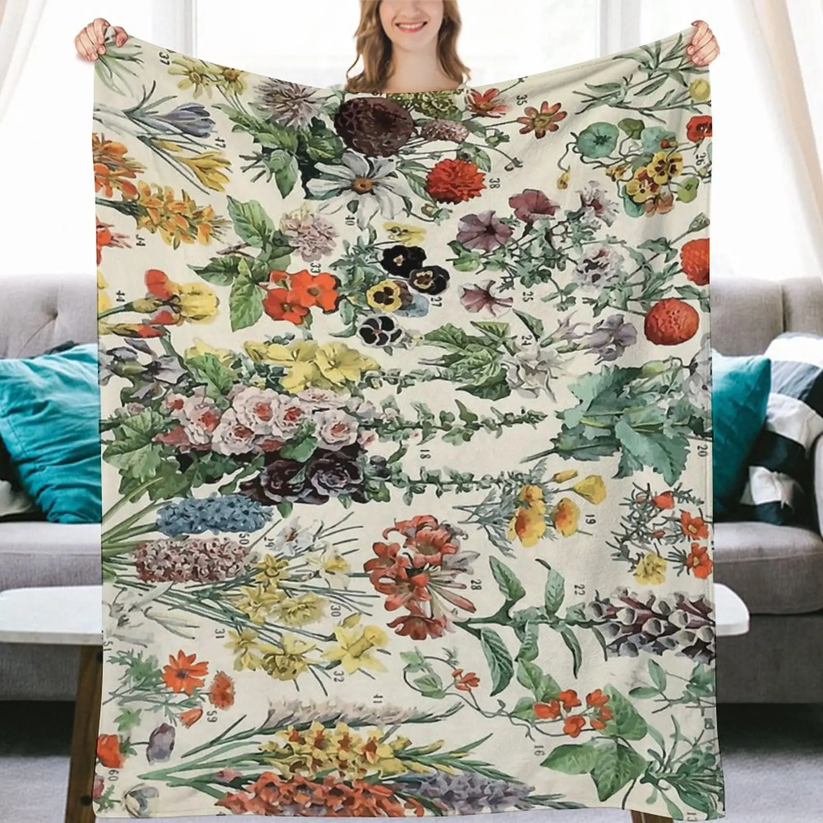 Herbs Flowers Encyclopedia Weeds Meadows Plants Vintage Flannel Throw Blankets Fluffy Soft Blankets for Couch Bed Sofa Bedroom