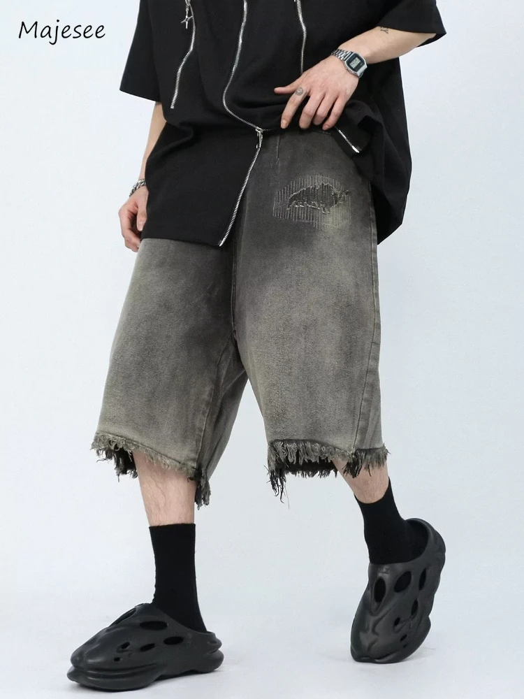 Jeans Men Chic Summer Distressed Washed Denim Tassel All-match Patchwork Streetwear Harajuku Knee Length Hip Hop Korean Style