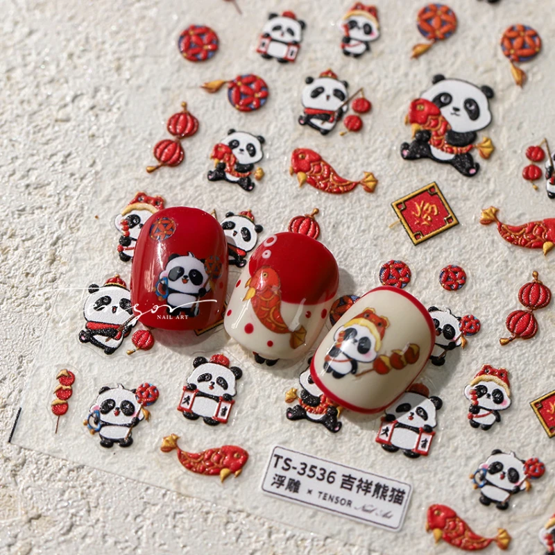 Lantern Red Carp Panda New Year 5D Embossed Reliefs Self Adhesive Nail Art Stickers Cute Cartoon 3D Manicure Decals Wholesale