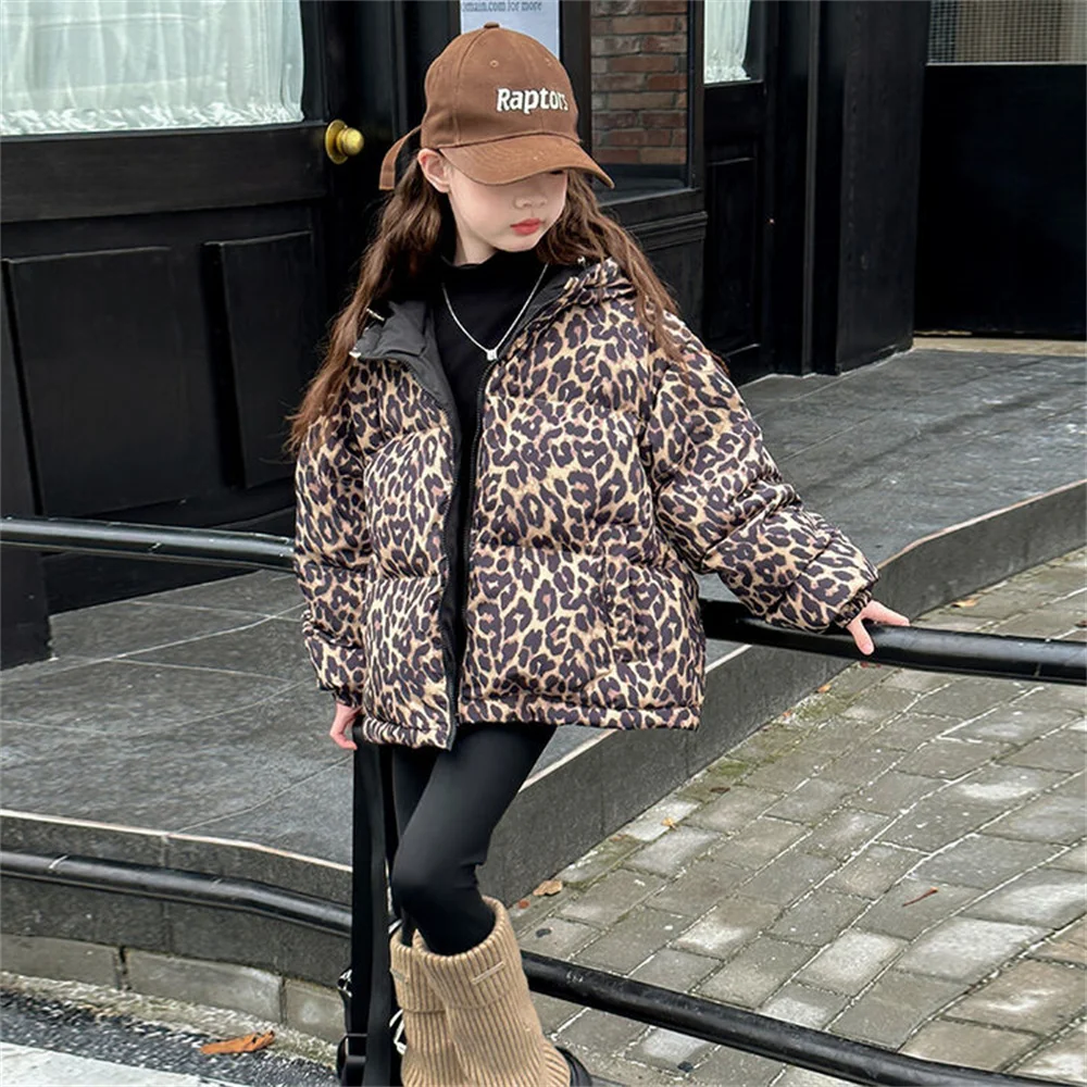 2379 Leopard Print Winter Children\'s Down Jacket Thickened Hooded Girls\' Outdoor Cotton Jacket Thousand Bird Grid Cotton Coat