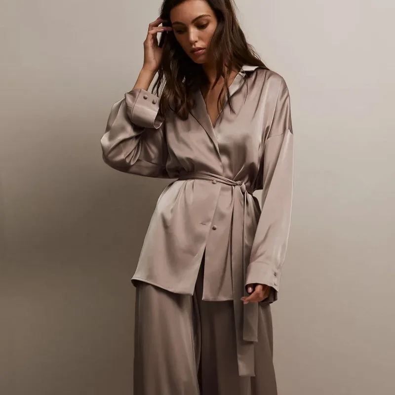 

2026 New Women's Lounge wear Set Simulation Silk Loose Long Sleeved Nightgown Trousers Pajama Set Autumn Europe America XL Size