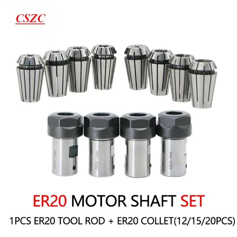 1 set C25 ER20 8/10/12/14/15/16/19mm motor shaft Engraving machine tool holder+12/15/20pcs collet chuck ER tool holder spindle