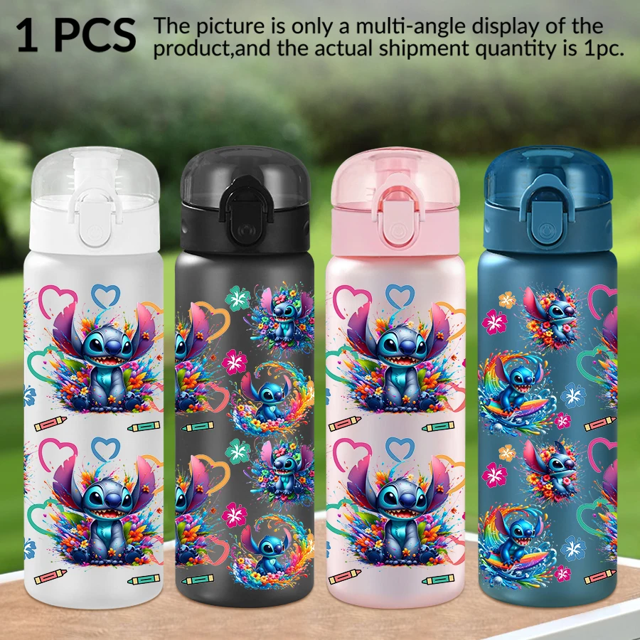 1 unidad de botella de agua de plástico Disney, Stitch, flores coloridas, patrón de 26oz, taza de agua para deportes al aire libre, regalo de cumpleaños/regreso a casa