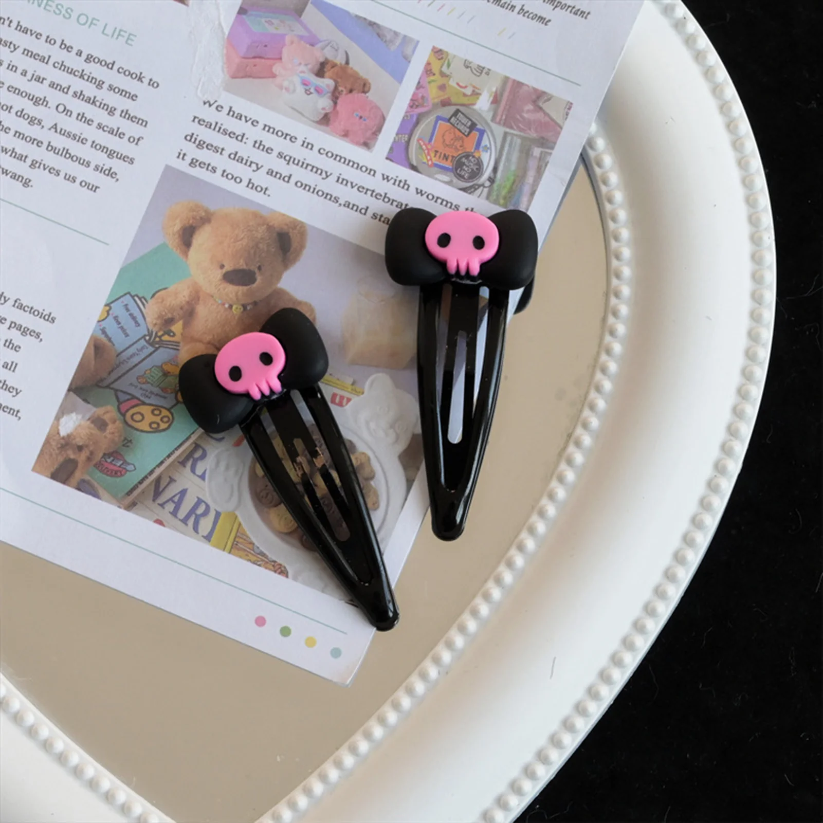 1/2/5/10Pcs Gothic Pink Skull Hair Clip - Black Bowknot BB Clip, Punk Hair Accessories for Women Girls Happy Halloween Party view 3