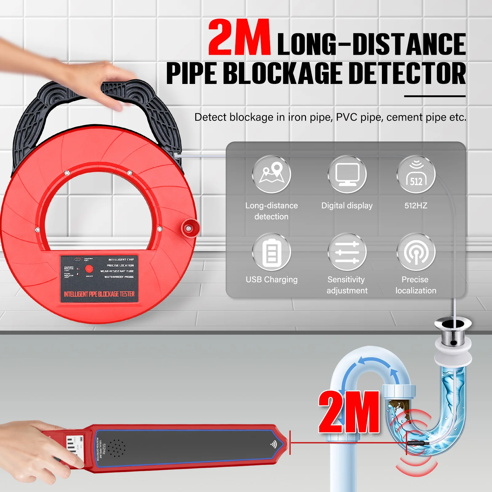 Detector de pipeline inteligente com display de 2 polegadas, comprimento de cabo de 30m, localizador de receptor 512hz, gabinete abs ip67, 2m de longo alcance