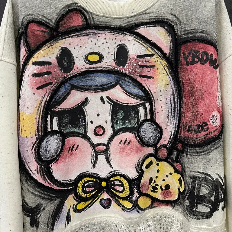 2025 Autumn New Cute Age-Reducing Cartoon Sequin Print Patchwork Crew Neck Sweatshirt For Women's Loose Casual Style Top Hoodies