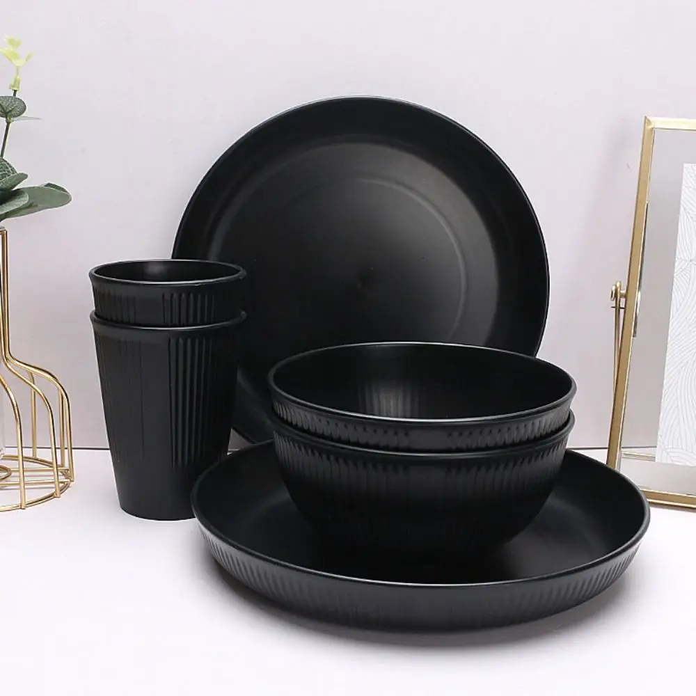 

3pcs/set Kitchen Supplies Plastic Black Tableware Set Vertical Stripes Anti-fall Cutlery Set Plate/Bowl/Cup Party