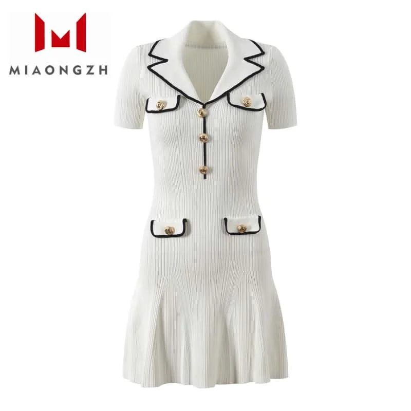

High Quality Knitting Dress Women Turn Down Collar Short Sleeve Temperament High Waist Elegant Slim Female Summer Party Dresses