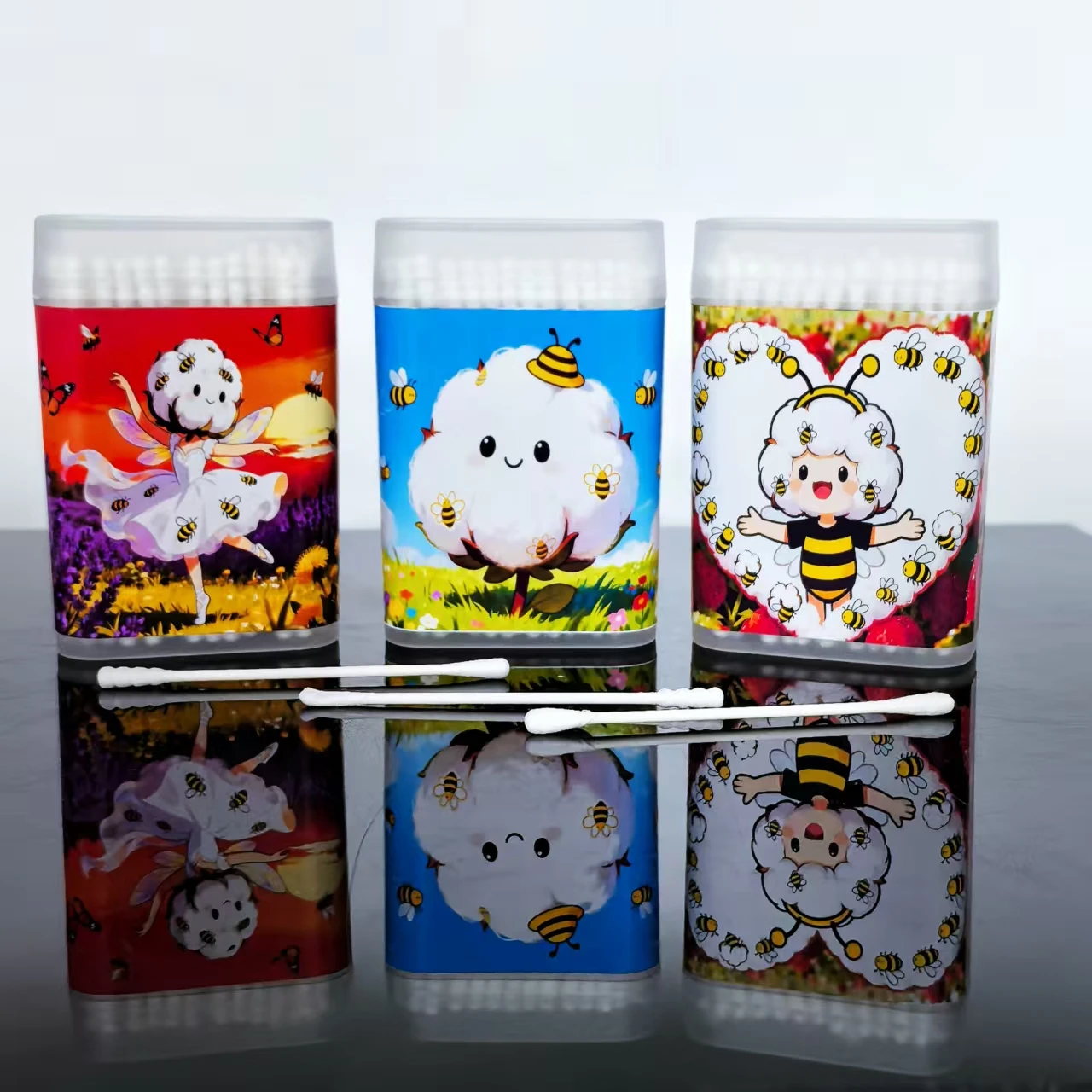 300 hisopos de algodón con temática de abeja, hisopos con punta de algodón blanco de doble cabeza, bastoncillos de algodón para el hogar diarios con palo de papel fino