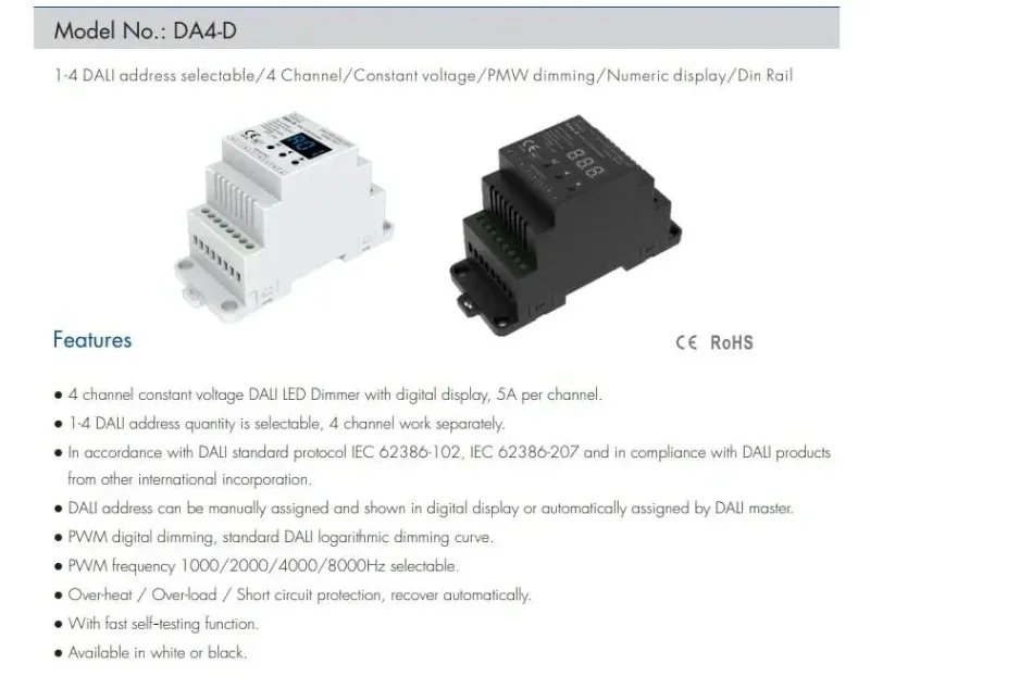 12-24VDC CV DALI Dimmer DA4-D (Din Rail)（DT6) 4CH*5A PMW Dimming 4 x (60-120)W Driver For Single Color RGBW Tape Strip Light