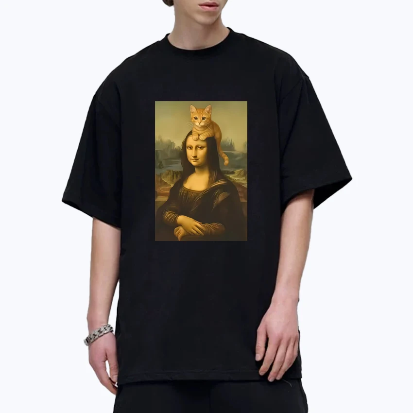 

Cute Kawaii Cat Ahd Mona Lisa with Funny Meme Graphic T shirts Unisex harajuku Cotton short sleeve T-shirt Men Women Cotton Tops